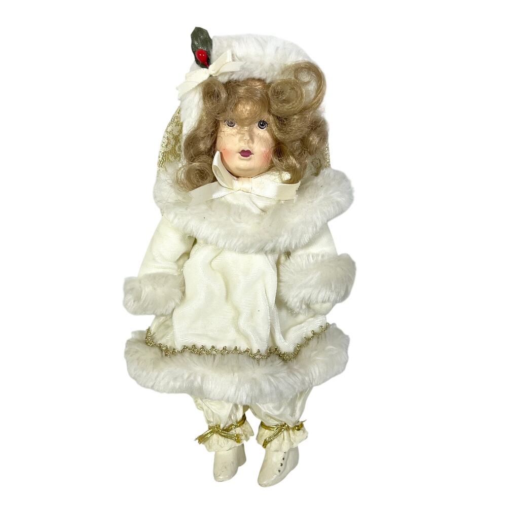 Vintage Angel Doll Christmas Tree Ornament 10" White Gold Lace Winter Dress